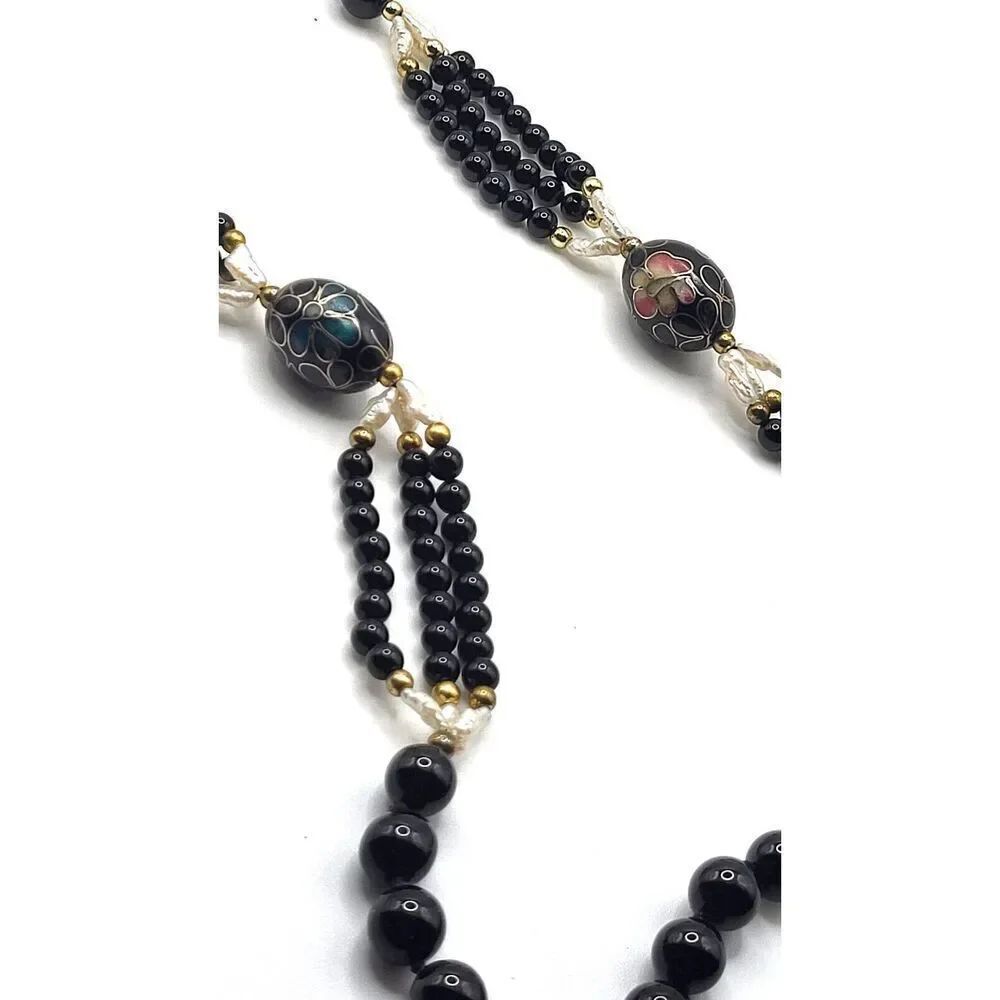 Vintage Jet Black Beads with Genuine Baroque Pearls with Cloisonne Beads 30 in